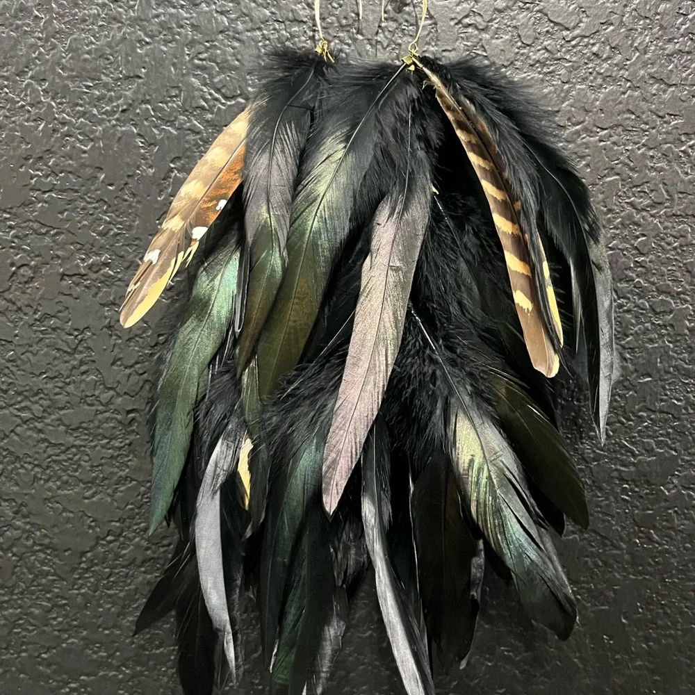 Black Iridescent Feather Statement Earrings - Picture 1 of 1